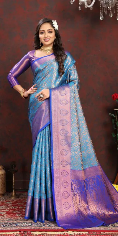 Dazzling Blue Color Lichi Silk Gold & Cooper Zari Weaving Saree