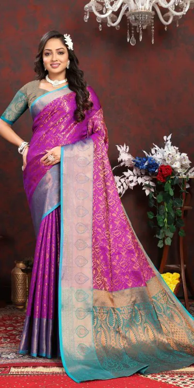 Dazzling Purple Color Lichi Silk Gold & Cooper Zari Weaving Saree
