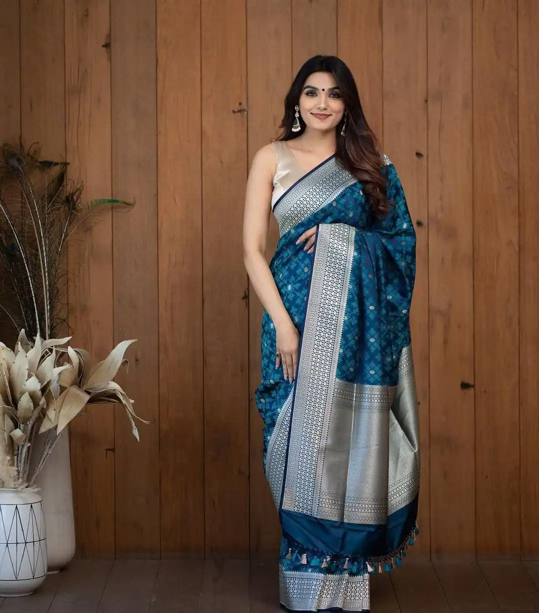 Decorative peacock Blue Color Soft Lichi Silk With Ordinary Design Saree - Image 2
