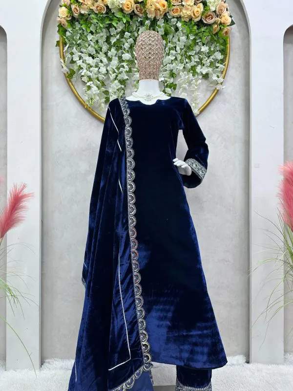 Divine Navy Blue Color Viscos velvet Sequence with Cording Dori Work Gown