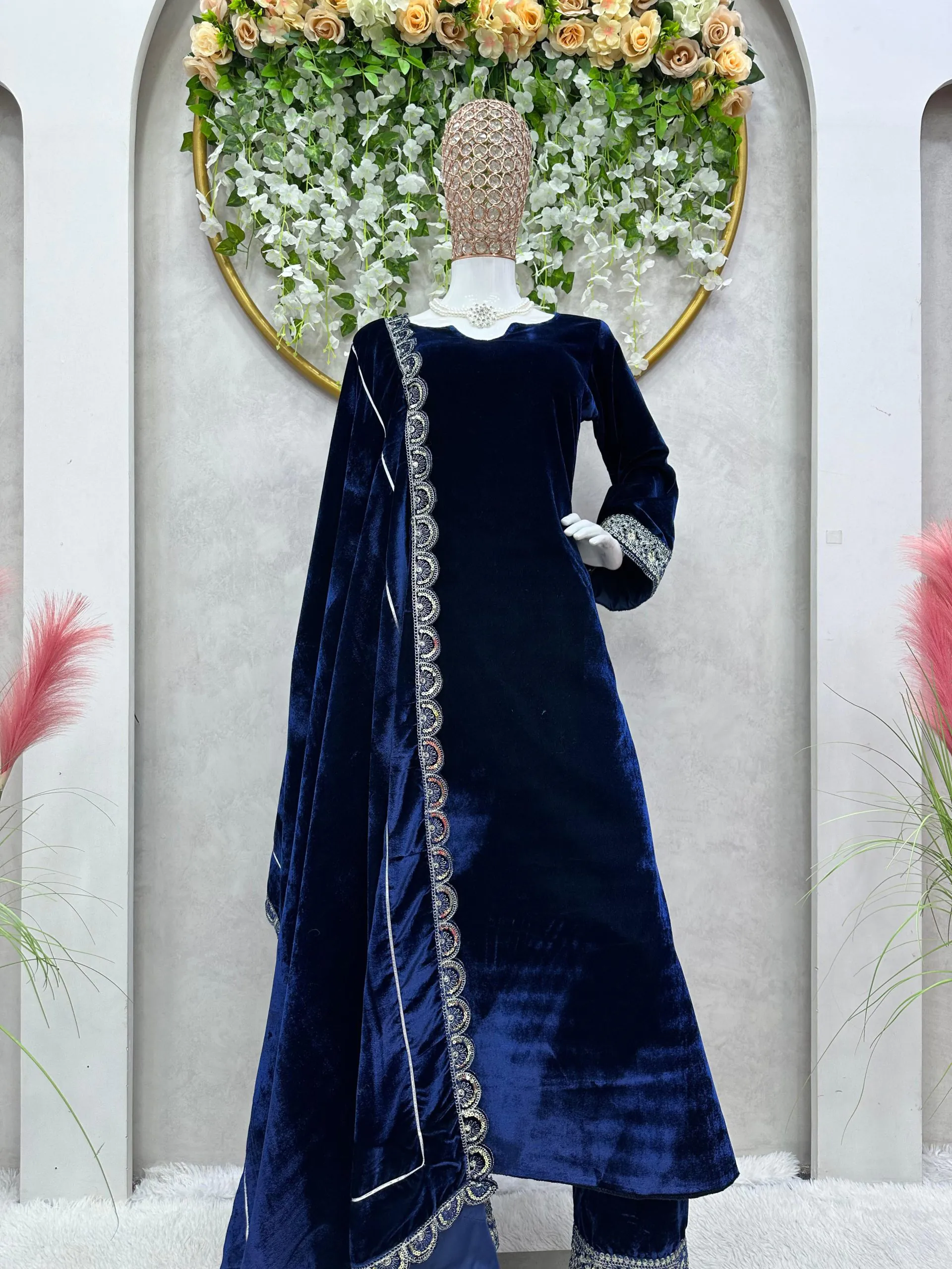 Divine Navy Blue Color Velvet With Cording Dori Work Long Length Gown