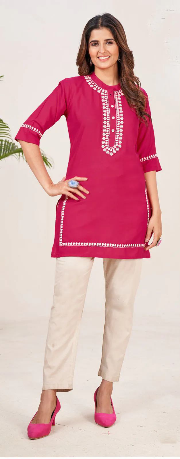 Fashionable Red Color Heavy Rayon With Embroidery Kurti