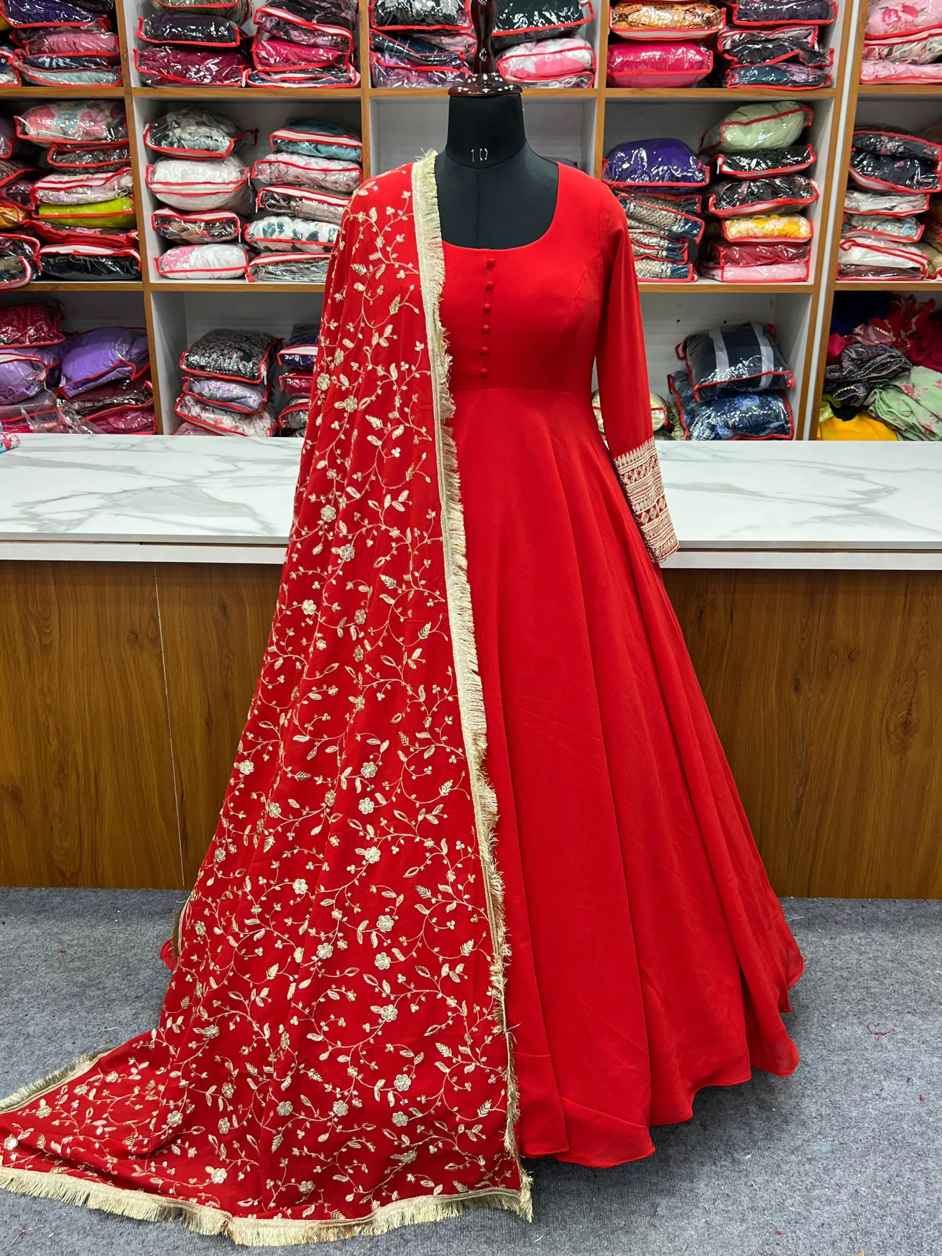 Fashionable Red Color Pure Soft Faux Georgette Anarkali Suit