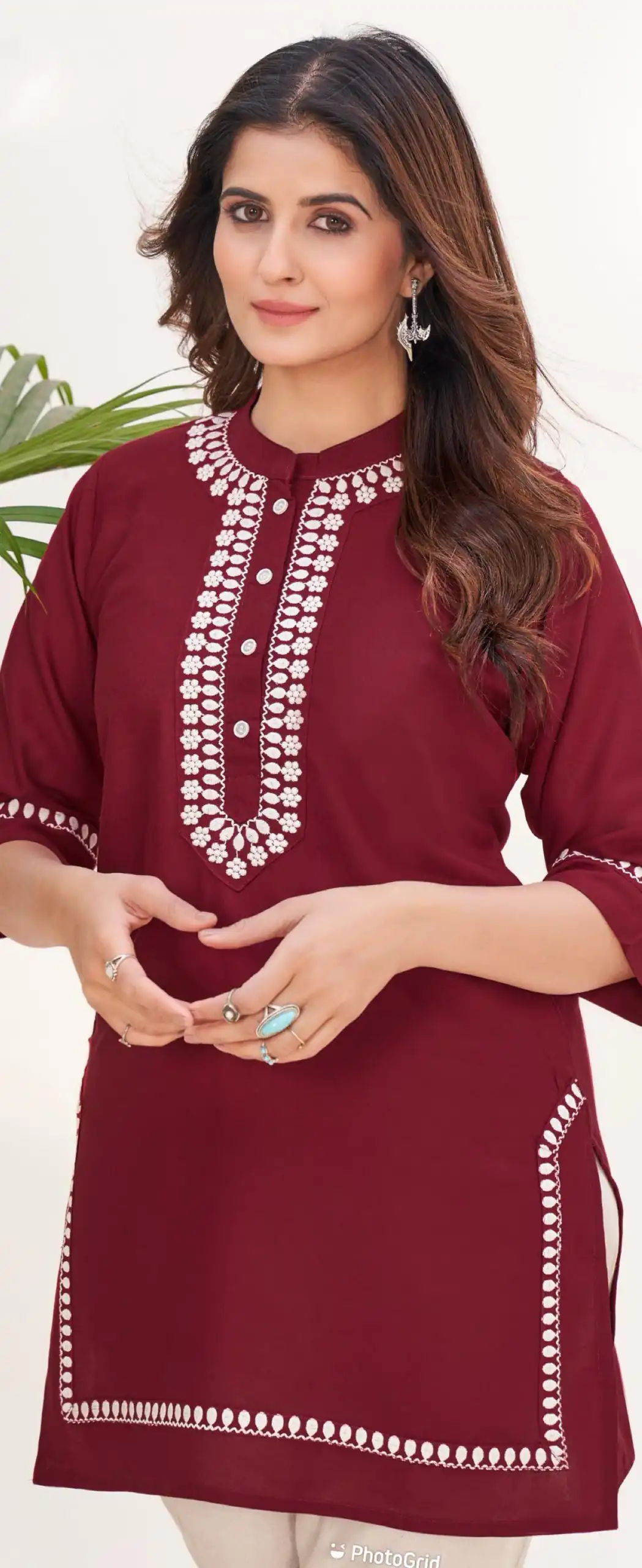 Fashionable Wine Color Heavy Rayon With Embroidery Kurti - Image 2