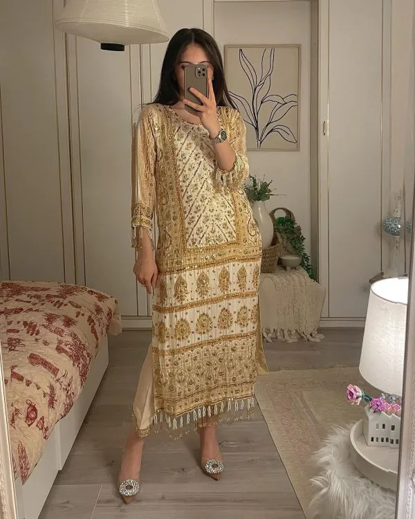 Glorious Off White Color Georgette Sequence Embroidery Work Salwar Suit