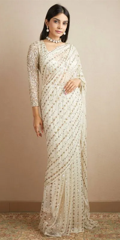 Gorgeous White Color Georgette  Embroidery Sequence Work Saree