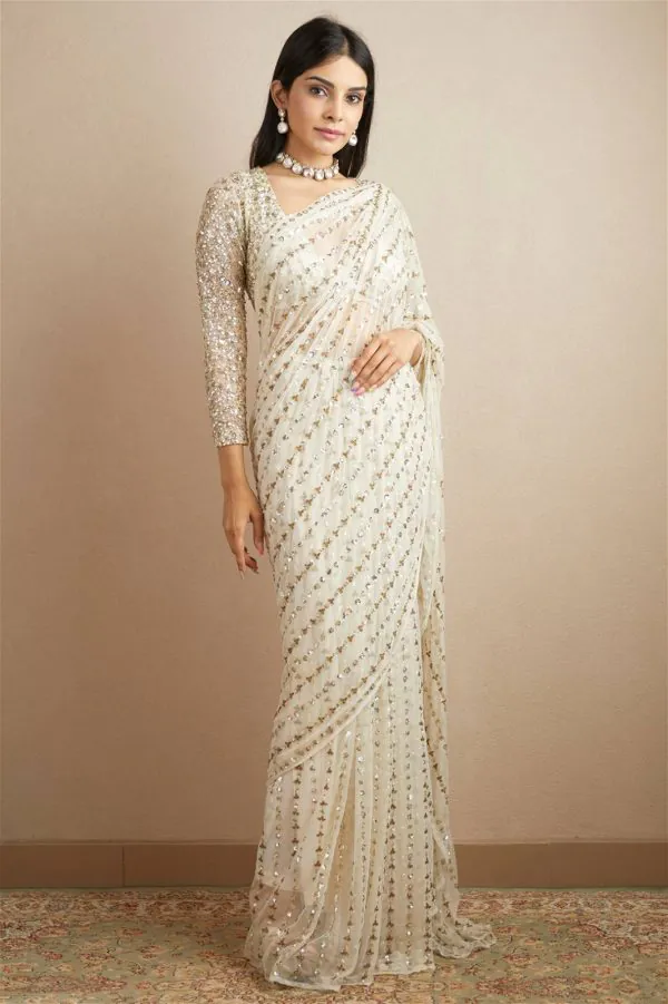 Gorgeous White Color Georgette  Embroidery Sequence Work Saree