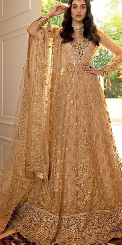 Grace Golden Color Net Embroidery And Mirror work Anarkali Suit