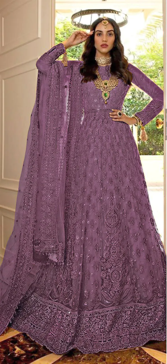Grace Purple Color Net Embroidery And Mirror Work Anarkali Suit