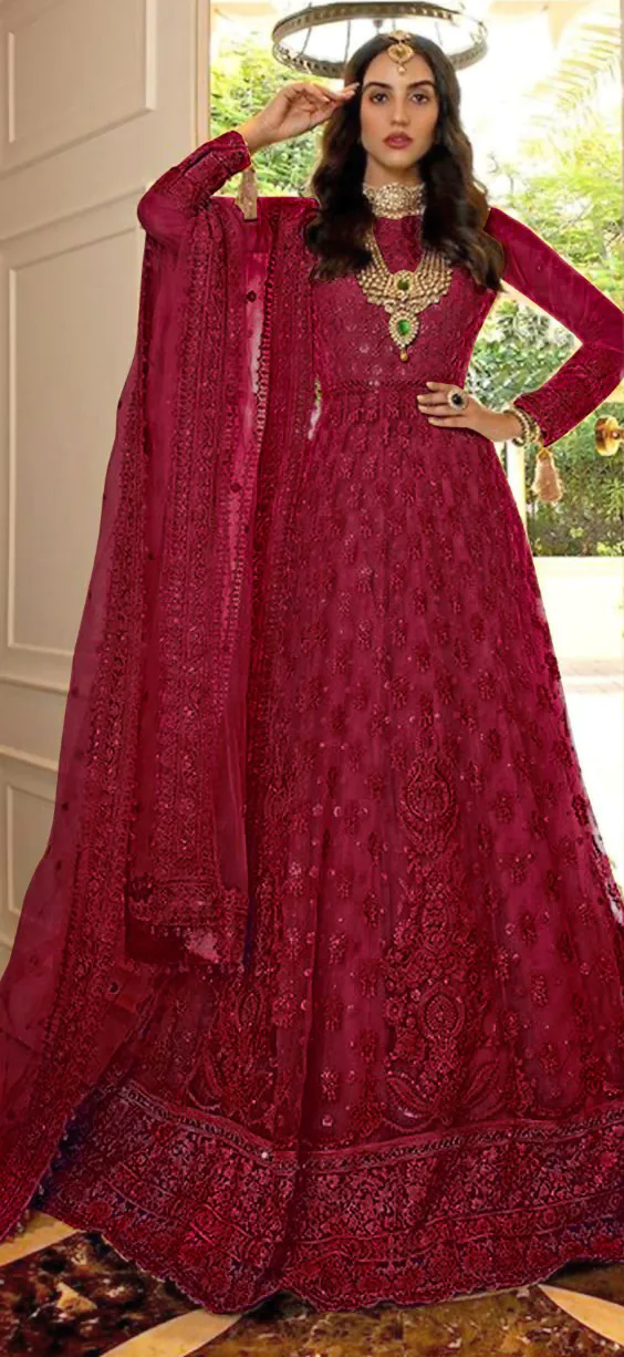 Grace Red Color Net Embroidery And Mirror work Anarkali Suit