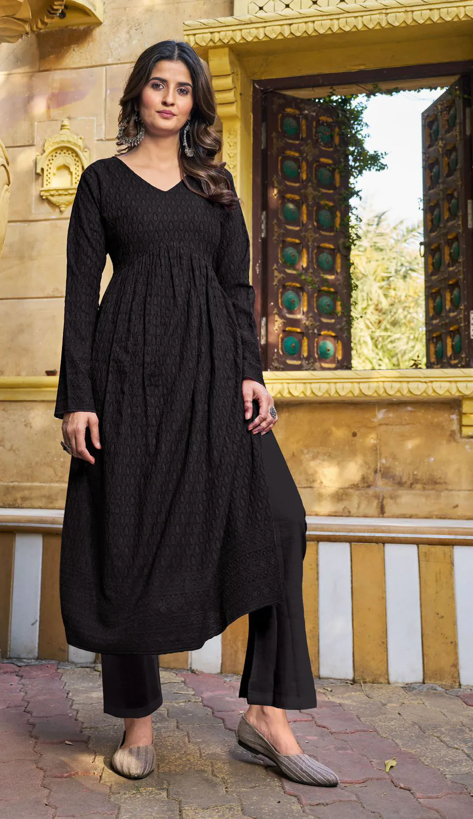 Grand Look Black Color Heavy Rayon with Schiffli Work Kurti