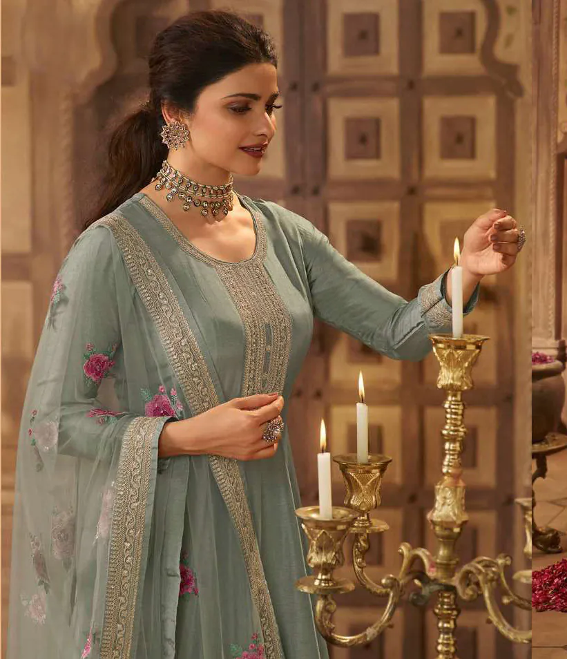Grand Look Grey Color Dola Silk Embroidery Work Anarkali Suit - Image 2