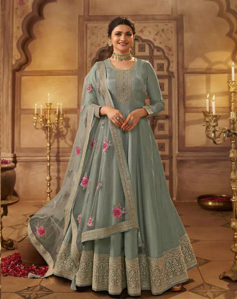Grand Look Grey Color Dola Silk Embroidery Work Anarkali Suit