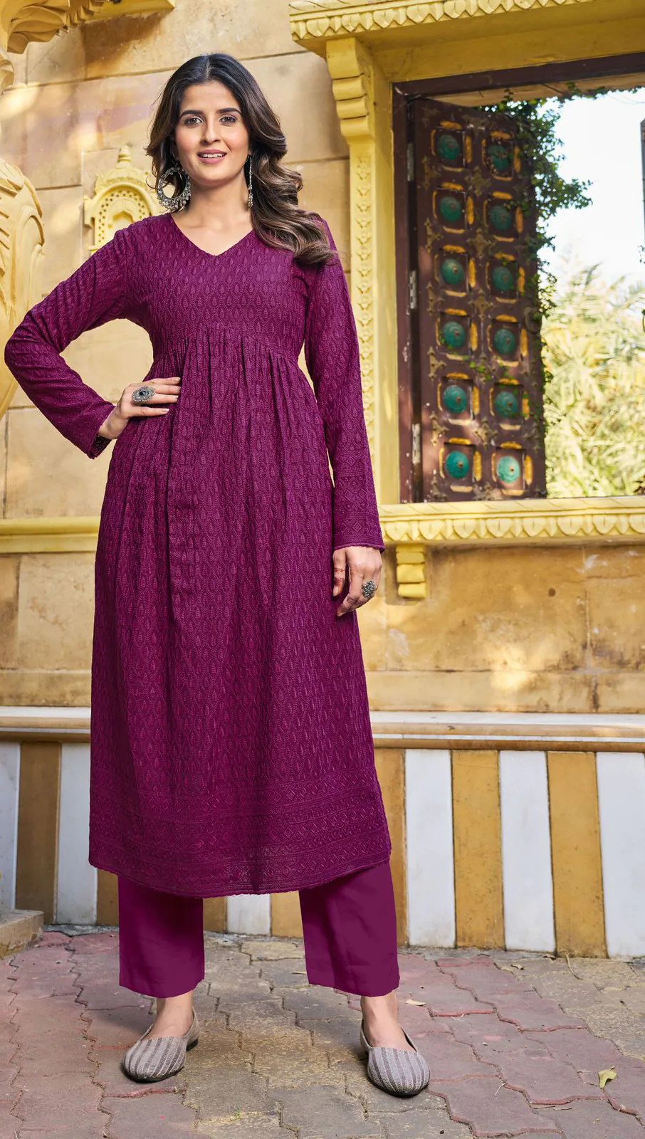 Grand Look Maroon Color Heavy Rayon with Schiffli Work Kurti