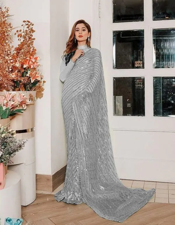Stylish Grey Color Georgette Multi & Sequins Embroidery Work Saree