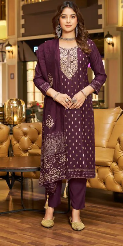 Mesmerizing Purple Color Rayon Embroidery Work Printed Kurti