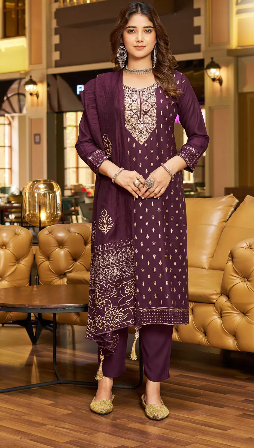 Mesmerizing Purple Color Rayon Embroidery Work Printed Kurti