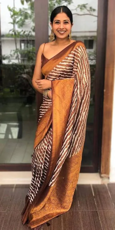Modern Dark Brown Color Lichi Silk Jacquard Work Fancy Saree