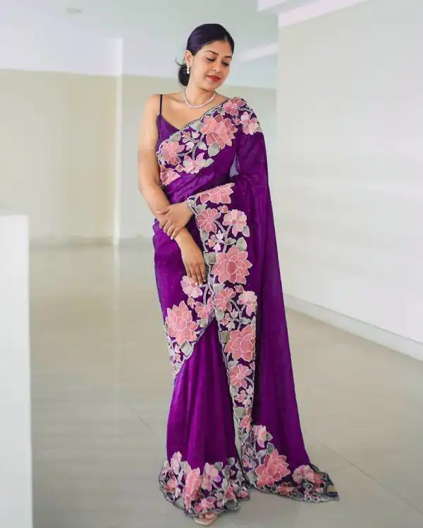 Nice Purple Color Heavy Rangoli With Multi Embroidery Saree