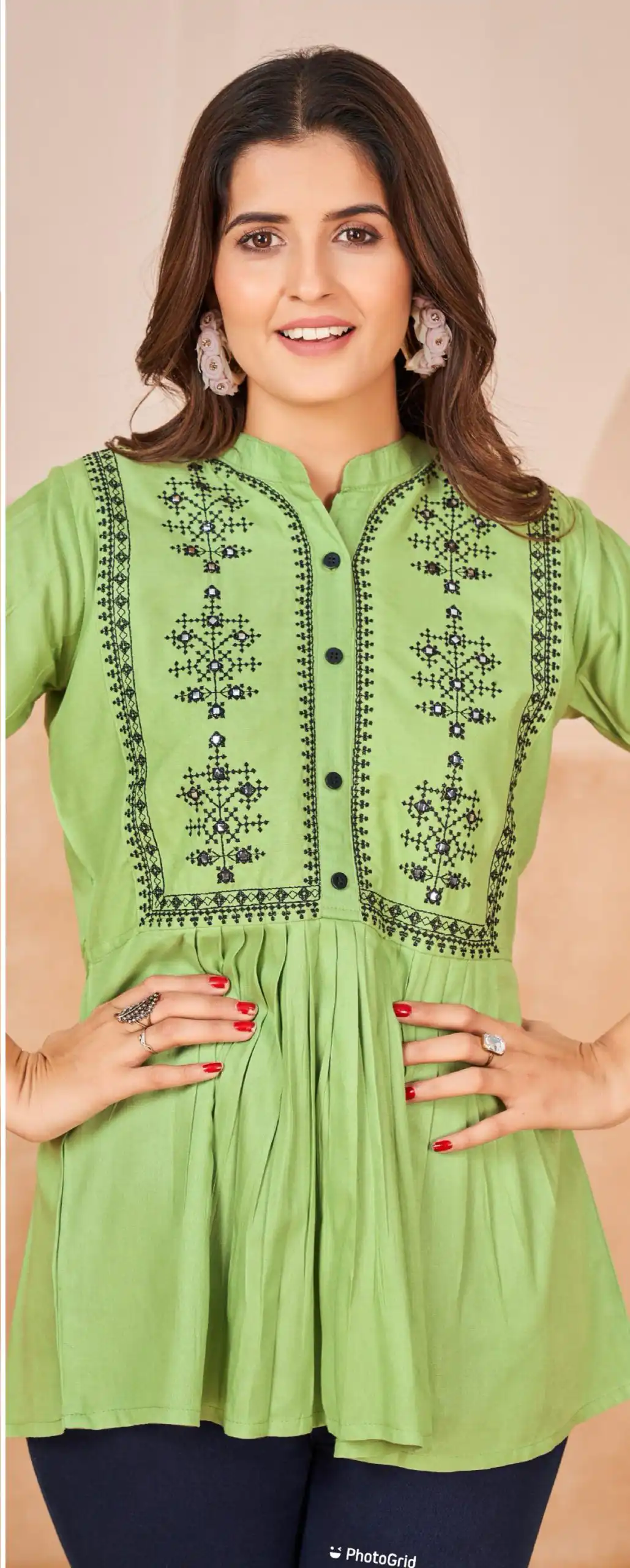 Perfect Green Color Heavy Rayon Embroidery Work Kurti - Image 2