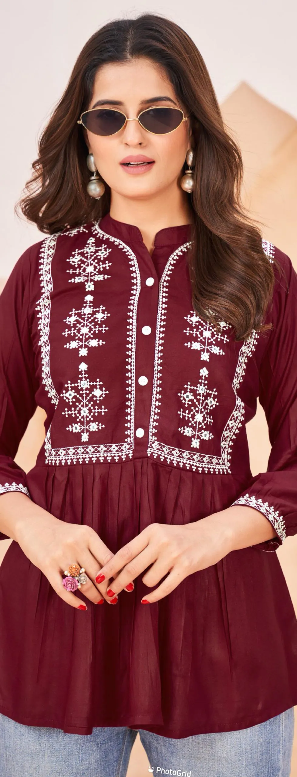 Perfect Maroon Color Heavy Rayon Embroidery Work Kurti - Image 2