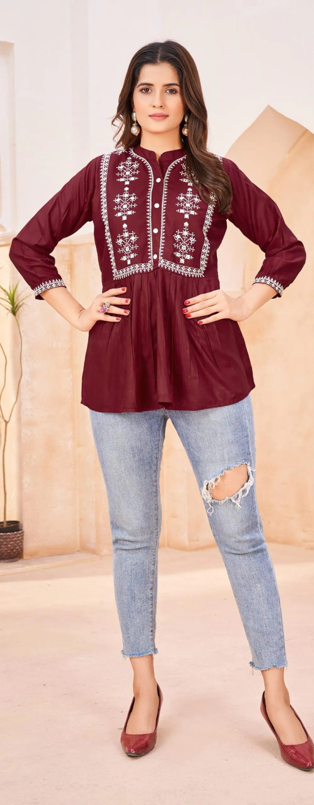 Perfect Maroon Color Heavy Rayon Embroidery Work Kurti