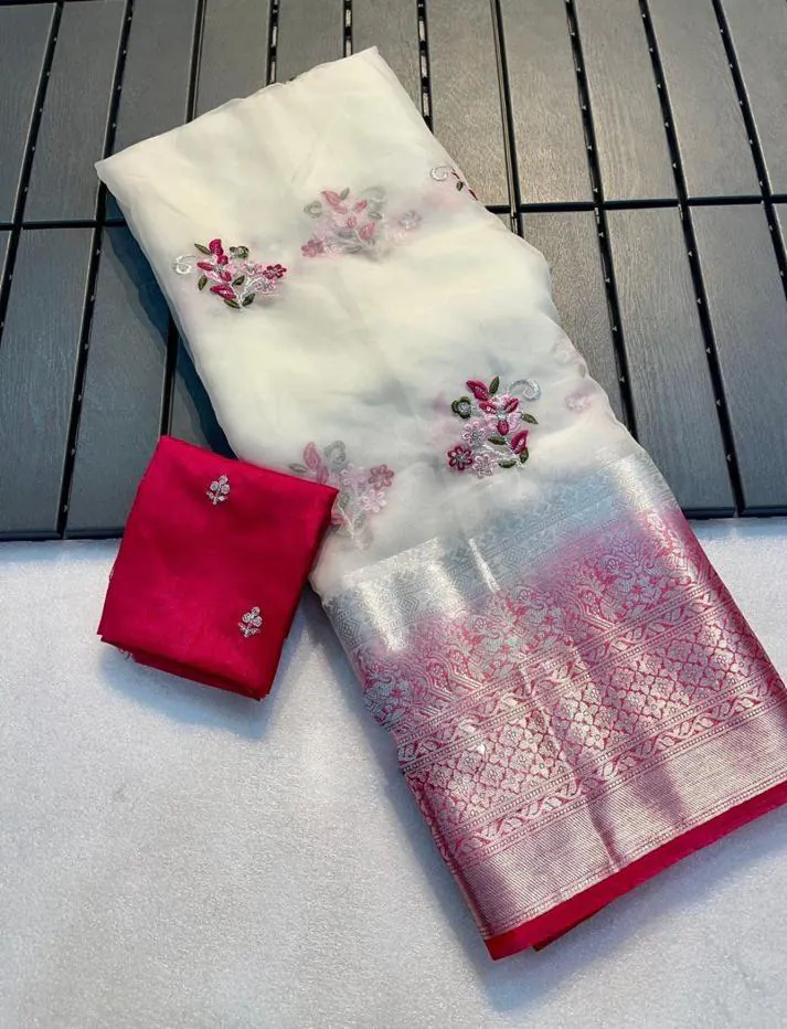 Perfect White Color Nylon Organza Jacquard Embroidered Saree - Image 3