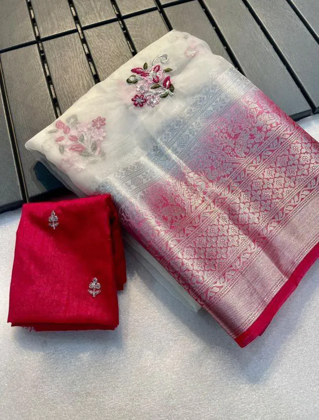 Perfect White Color Nylon Organza Jacquard Embroidered Saree - Image 2