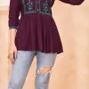Perfect Wine Color Heavy Rayon Embroidery Work Kurti