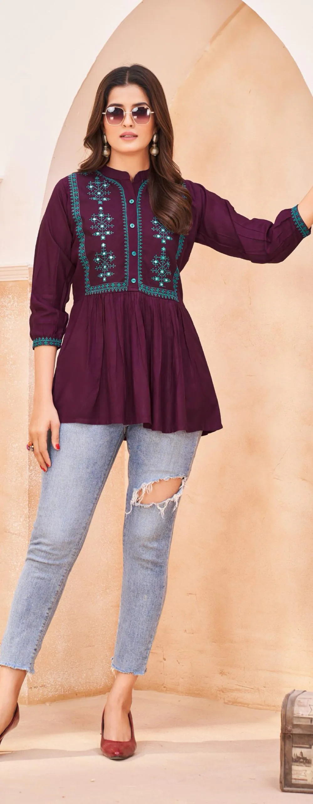 Perfect Wine Color Heavy Rayon Embroidery Work Kurti