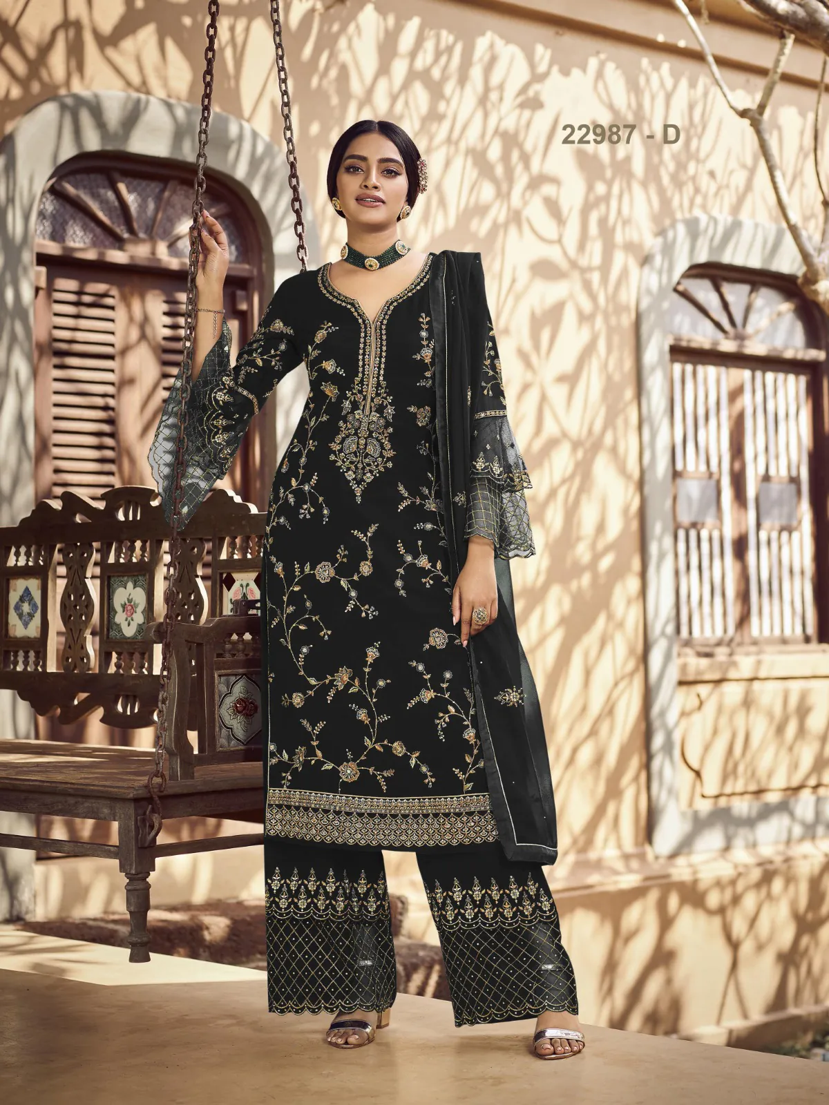 Special Black Color Georgette Embroidery Stone Work Sharara Suit