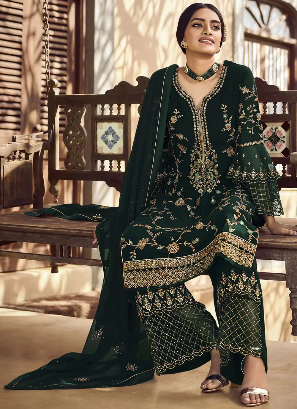 Special Green Color Georgette Embroidery Stone Work Sharara Suit - Image 2