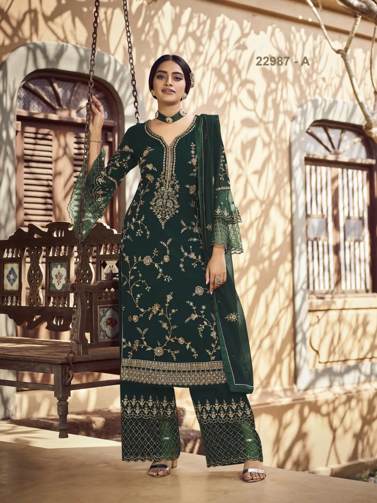 Special Green Color Georgette Embroidery Stone Work Sharara Suit