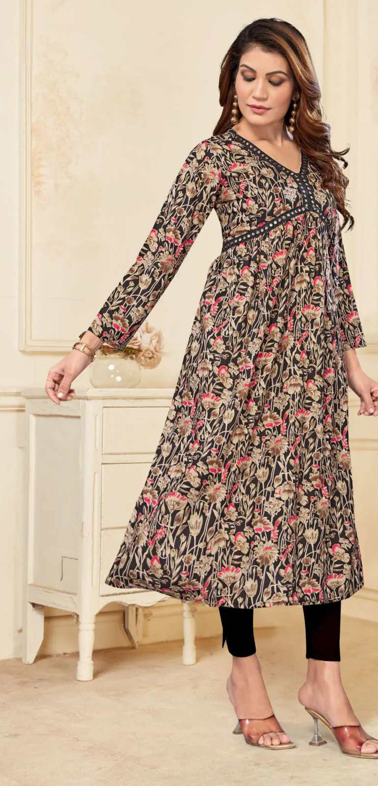 Special Look Black Color Heavy Rayon Print with Foil Work Kurti