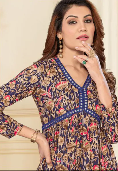 Special Look Blue Color Heavy Rayon Print with Foil Work  Kurti - Image 2