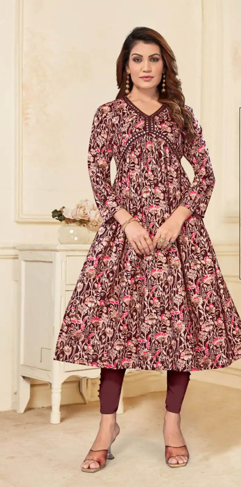 Special Look Coffee Color Heavy Rayon Print with Foil Work Kurti