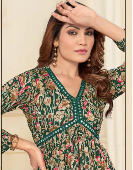 Special Look Green Color Heavy Rayon Print with Foil Work Kurti - Image 2