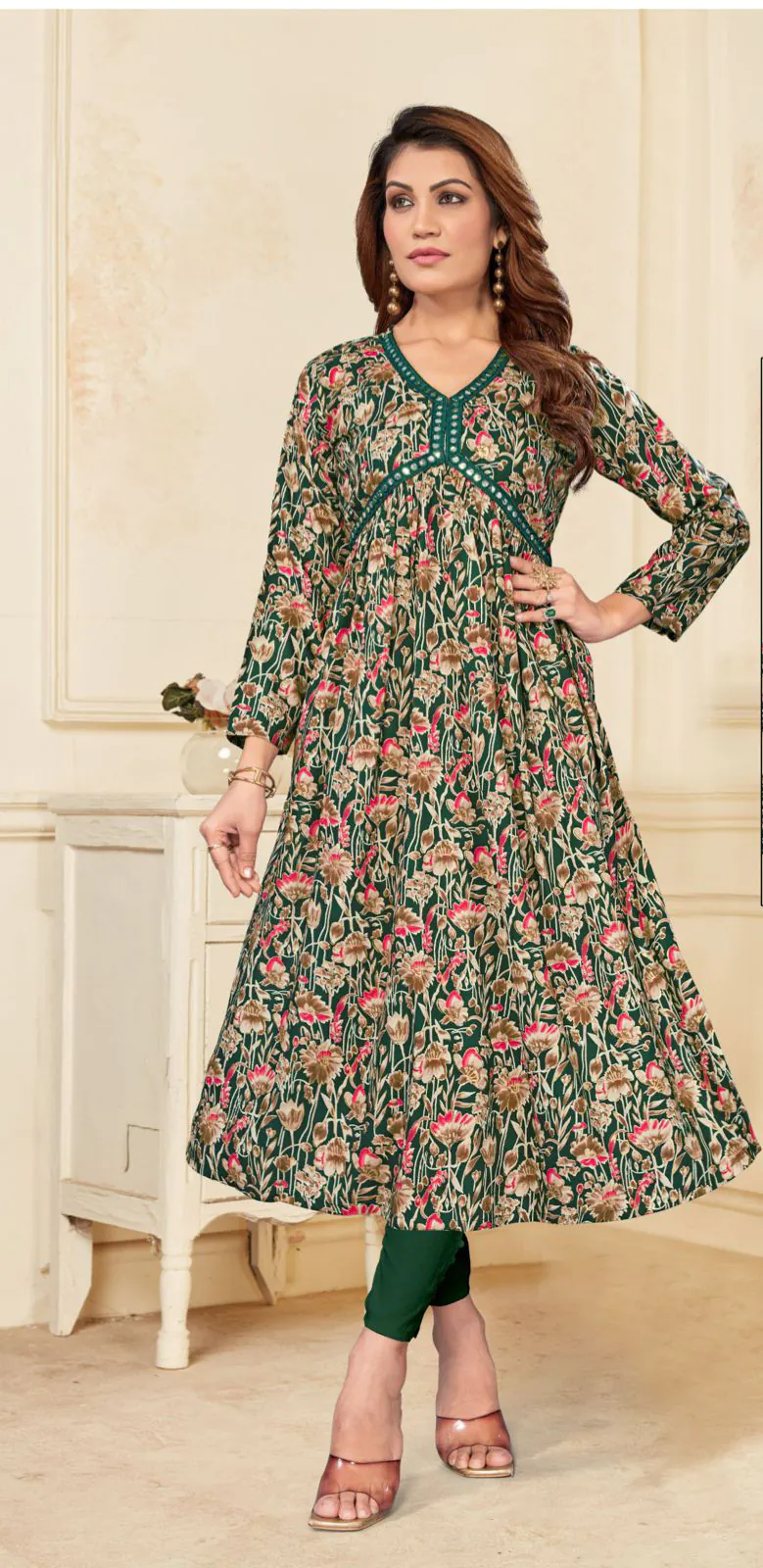 Special Look Green Color Heavy Rayon Print with Foil Work Kurti