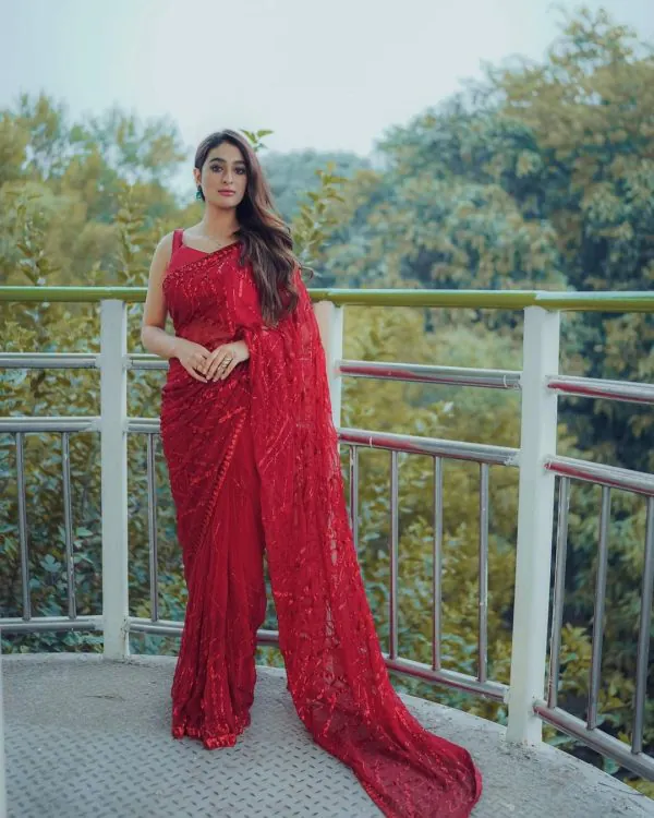 Stylish Red Color Georgette Multi & Sequins Embroidery Work With Lace Border On Saree