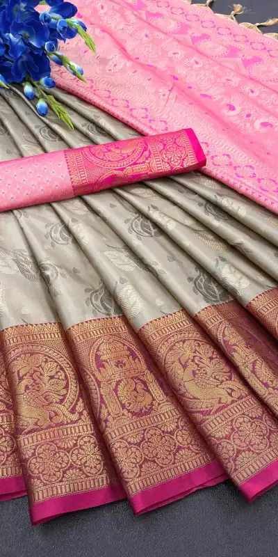 Traditional Grey Color Soft Kanjivaram Jacquard Weaving Saree