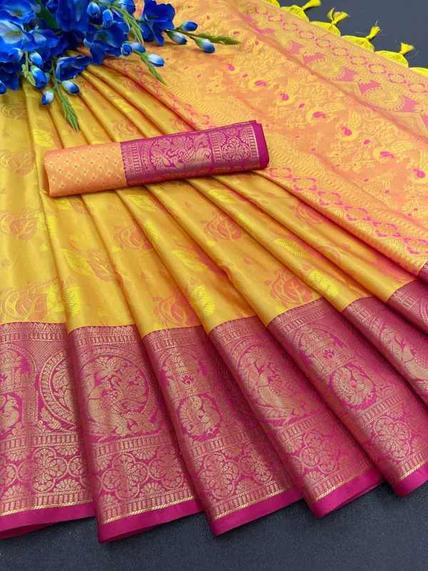 Traditional Yellow Color Soft Kanjivaram Jacquard Weaving Saree