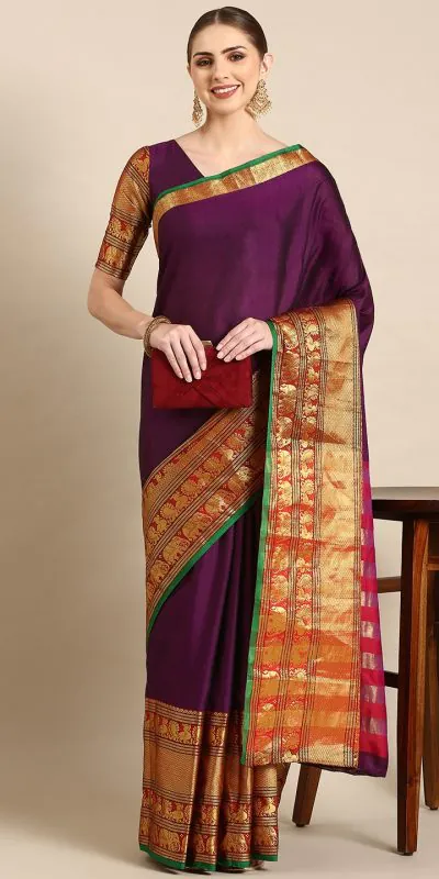 Brilliant Purple Color Narayan Pet Zari Weaving Work Saree
