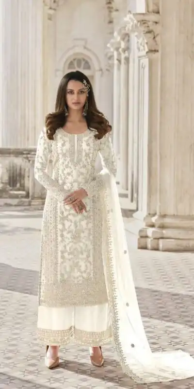 S 3304 White Color Top : Butterfly Net Work : Embroidery Work Wedding, Party, Festive, Events Etc. Embroidered Sharara @2299 | Salwar suit, Casual Suits, Creative suits, Designer Suits, Palazzo Suits, Party Wear Suits, Straight Suits