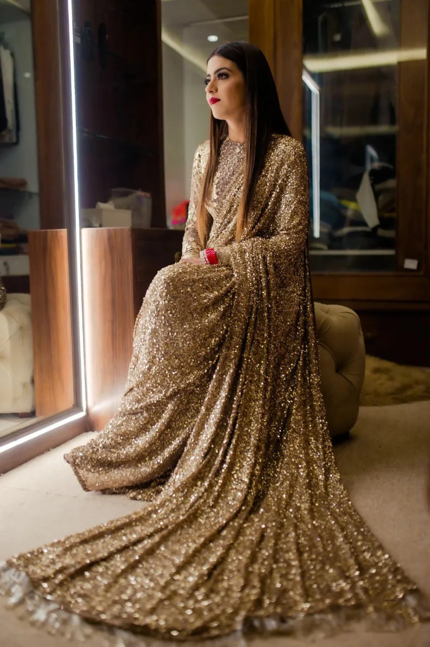 Sabyasachi Gold Color Fancy Thread Sequence Work Party Wear Saree - Image 2