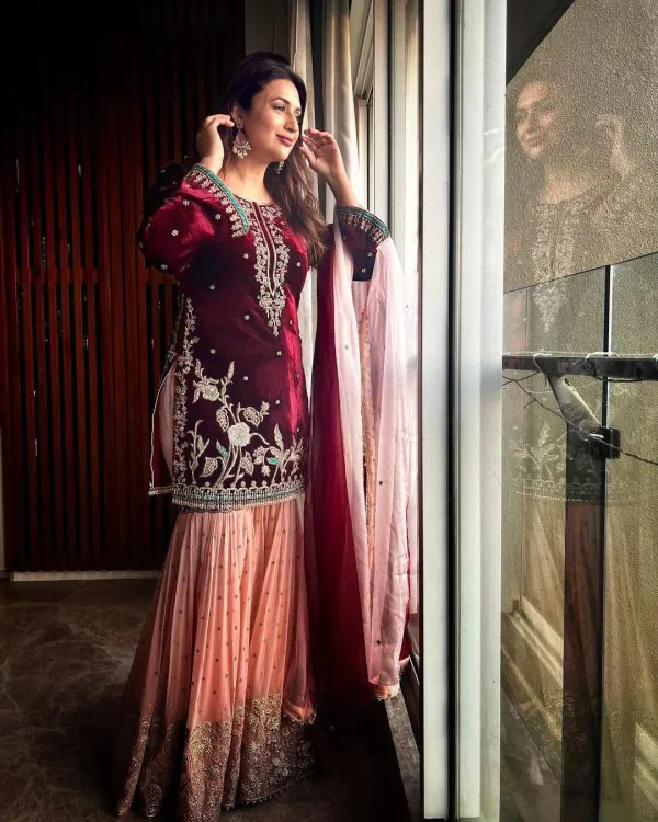 Beautiful Designer Maroon Color Heavy Velvet Sharara Suit