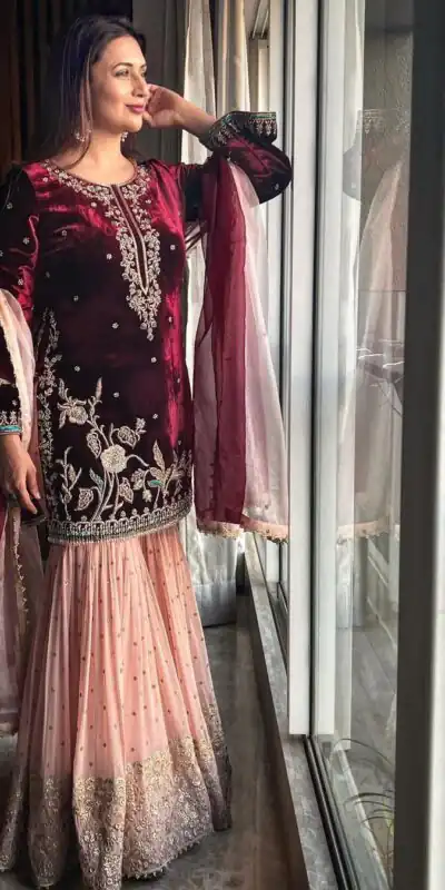 KD 1138 Maroon Top : Heavy Velvet Work : Thread Work Wedding, Party, Festive, Events Etc. Thread Work Sharara @2049 | Casual Suits, Salwar suit, Creative suits, Designer Suits, Palazzo Suits, Party Wear Suits, Straight Suits