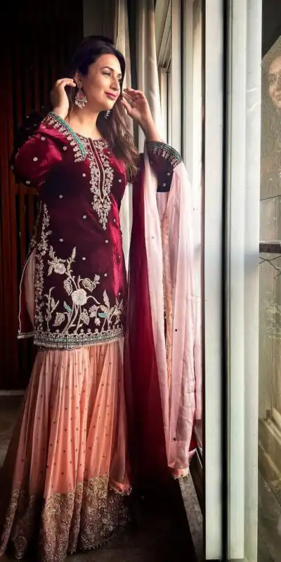KD 1138 Maroon Top : Heavy Velvet Work : Thread Work Wedding, Party, Festive, Events Etc. Thread Work Sharara @2049 | Casual Suits, Salwar suit, Creative suits, Designer Suits, Palazzo Suits, Party Wear Suits, Straight Suits