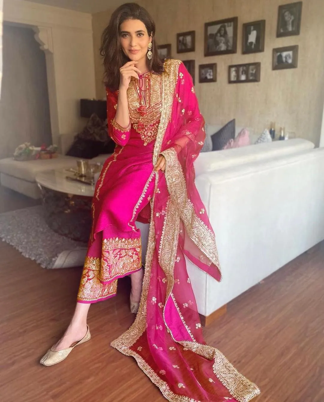 Beautiful Karishma Tanna Pink Taffeta Embroidery Salwar Suit