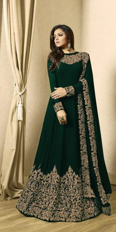Floor Length Anarkali For Women's In Dark Green Color With Heavy Georgette