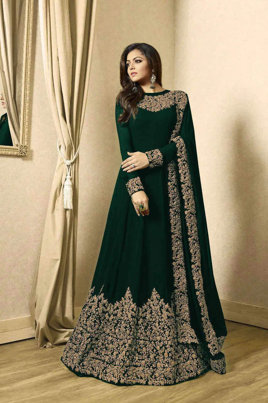 Floor Length Anarkali For Women's In Dark Green Color With Heavy Georgette